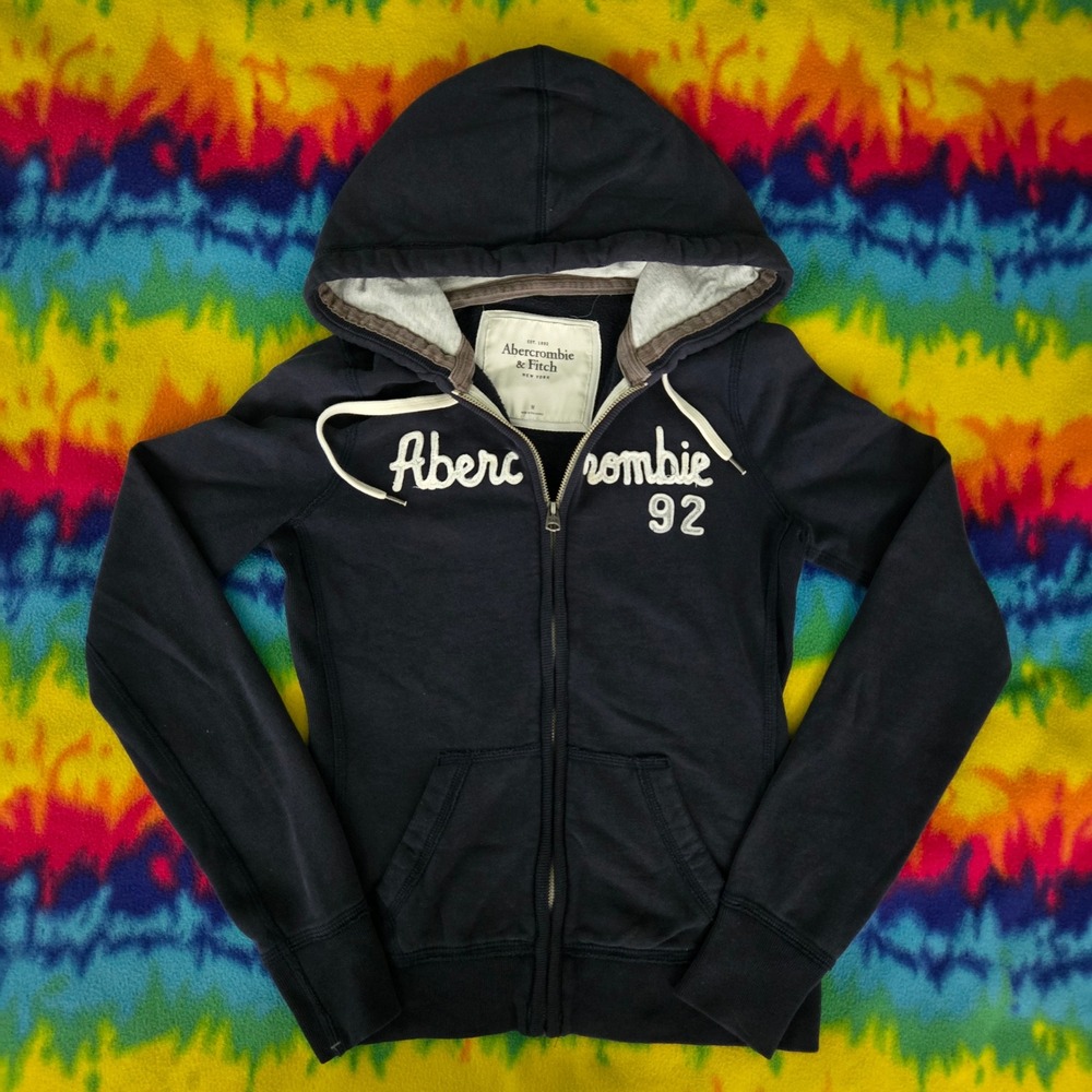 Y2K Abercrombie & Fitch Navy Blue Full Zip Logo Hoodie Sweatshirt Medium